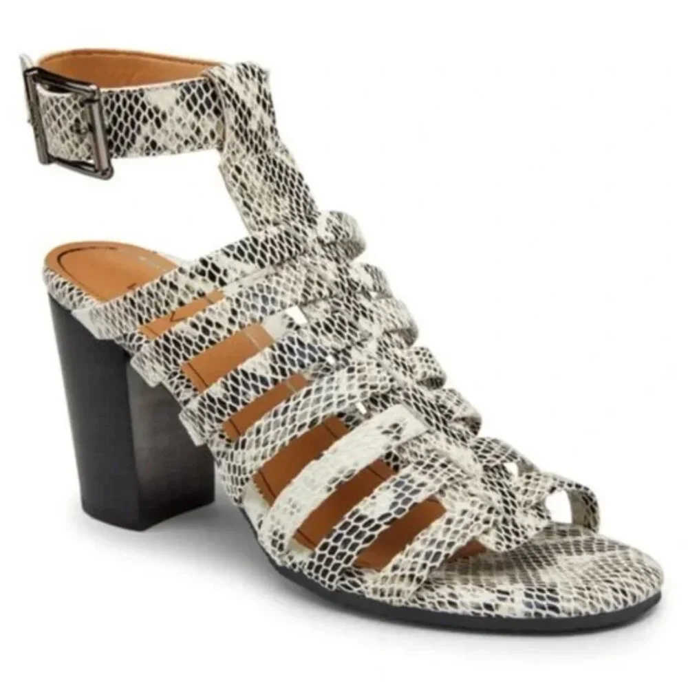 Vionic Womens Size 7.5 Black White Snakeskin Cage Block Heels Sandals Shoes‎